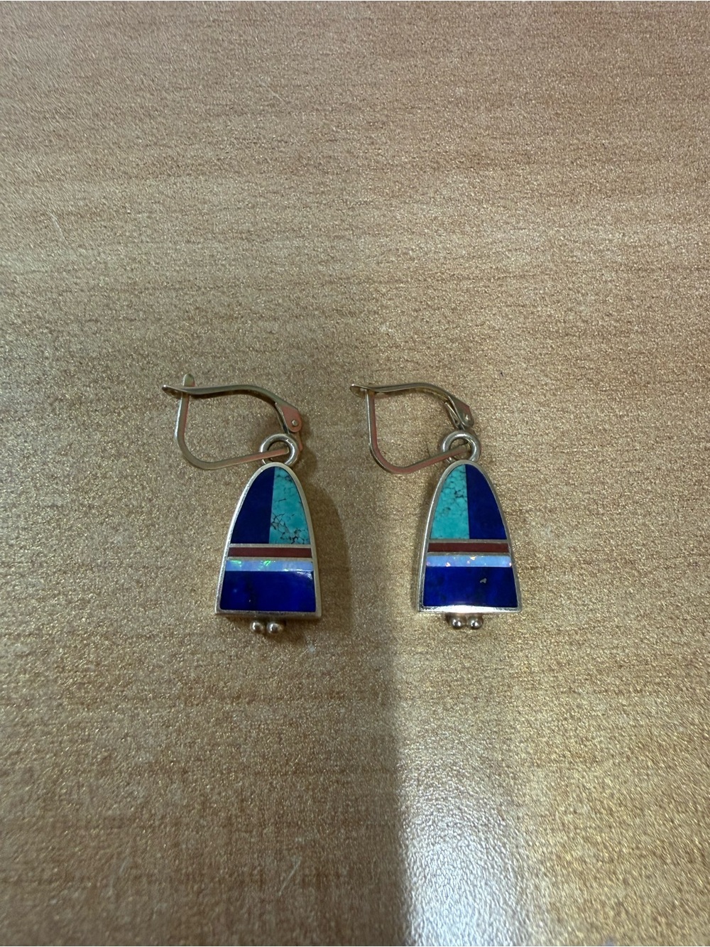 14k inlay leverback earrings with turquoise, lapis lazuli and opal.